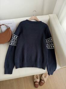 Firerie Women's Heart Pattern Crew Neck Casual Sweater Fall/Winter - Blue - View 2