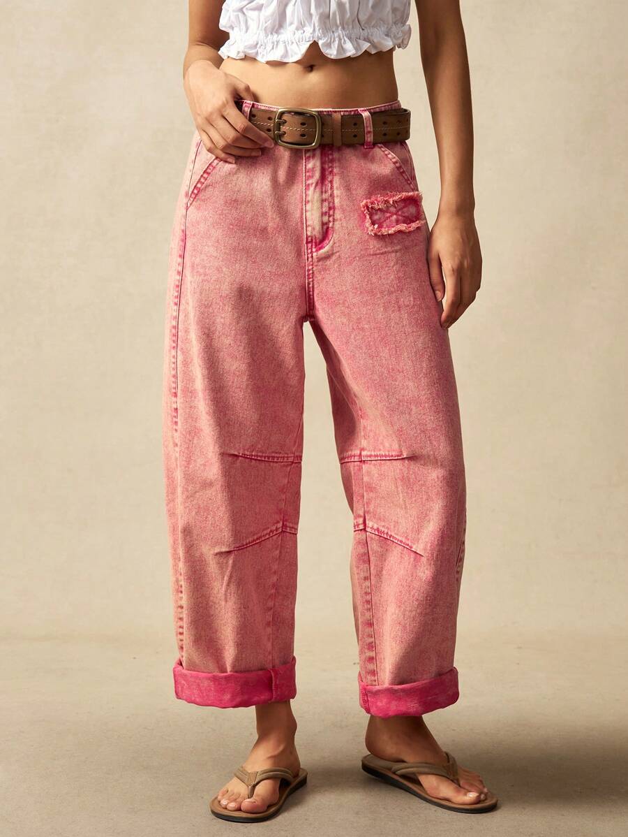 Bohemela Women's Casual Vacation Denim Harem Pants Acid Wash Pink Jeans Pink Baggy Jeans - Red - View 1
