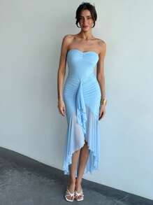 Aloruh Damen elegantes einfarbiges Kleid mit asymmetrischem Saum