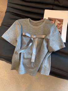 SHEIN Women's Fitted Crewneck Short Sleeve T-Shirt With Bow Ribbon Design