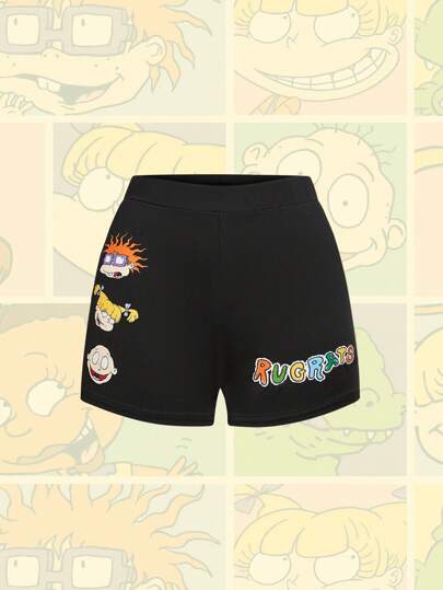 Nick 90's X ROMWE سروال ركوب قصير نسائي مزين برسوم كرتونية وأحرف، صيفي