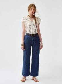 Florisole 波西米亚风盖袖V领蕾丝拼布休闲衬衫 - 杏色 - 查看 3