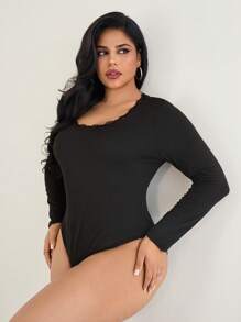 SHEIN Privé Plus Size Splice Lace Edge T-Shirt Bodysuit, For Winter - Black - View 5