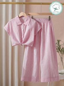 SHEIN 2 pièces/set Ensemble de chemise à manches courtes en coton tissé rayé et pantalon large pour jeunes filles. Décontracté pour printemps/été, villégiature, vacances, été, voyage