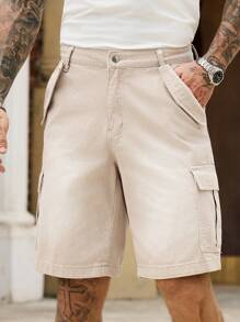 Manfinity Homme Men's Khaki Denim Cargo Shorts Casual Vacation Style With Zipper Details - Khaki - View 1