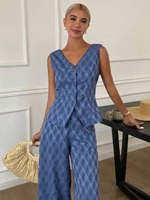 Livesso 女式无袖 V 领高腰背心上衣和宽松休闲长裤两件套，纹理牛仔材质，夏季