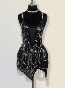 SHEIN ICON Dramatic Plunging Neck Rhinestone Decor Backless Criss-Cross High Slit Mini Dress,Boho Clothes Women - Black - View 1