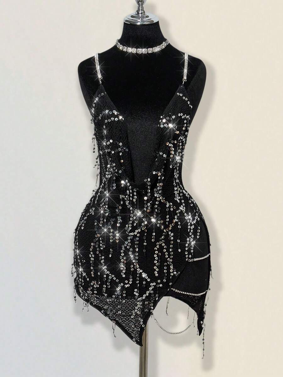 SHEIN ICON Dramatic Plunging Neck Rhinestone Decor Backless Criss-Cross High Slit Mini Dress,Boho Clothes Women - Black - View 1