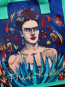 Frida Kahlo X SHEIN 1个印有艺术家卡通图案的保温午餐包，可保温或保冷，野餐包，大容量，可装午餐盒和饮料，适合野餐、露营、旅行、居家使用，适合家庭使用，花朵图案，艺术感十足，优雅时尚 - 彩色 - 查看 4