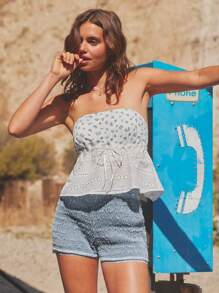 WESTFADE Western Mix Media 花卉印花编织孔眼露肩蝴蝶结前襟褶饰露背娃娃装上衣夏季 7 月 4 日海滩度假装 - 藍白色 - 查看 3