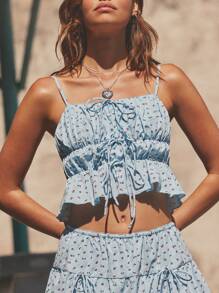 WESTFADE Floral Gingham Tie Front Cami Top & Bow Mini Skort Women Two Pieces Matching Set Nashville Country Western Concert Outfit - Blue and White - View 3