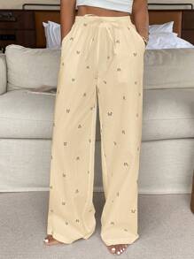 DAZY 可爱蝴蝶结印花宽松睡裤，秋季 - 杏色 - 查看 4