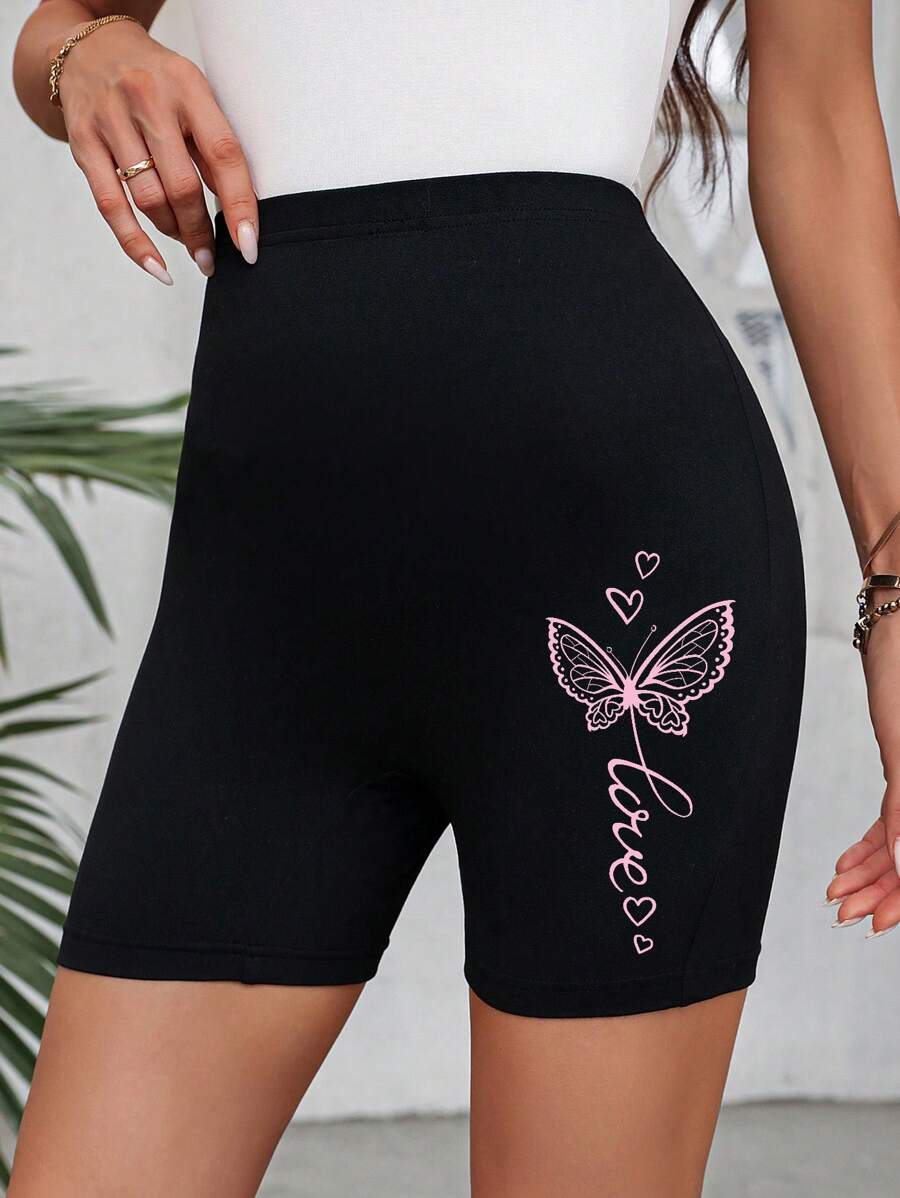 SHEIN LUNE LOVE Casual Butterfly & Letter Print High Waist Women Short Leggings, Summer Suitable For Going Out - Black - View 1