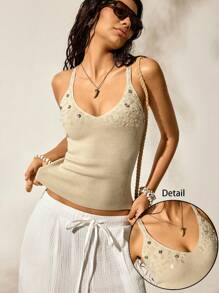 Easelle 浪漫性感吊带背心亮片串珠女士针织上衣，适合度假和户外 - 杏色 - 查看 1
