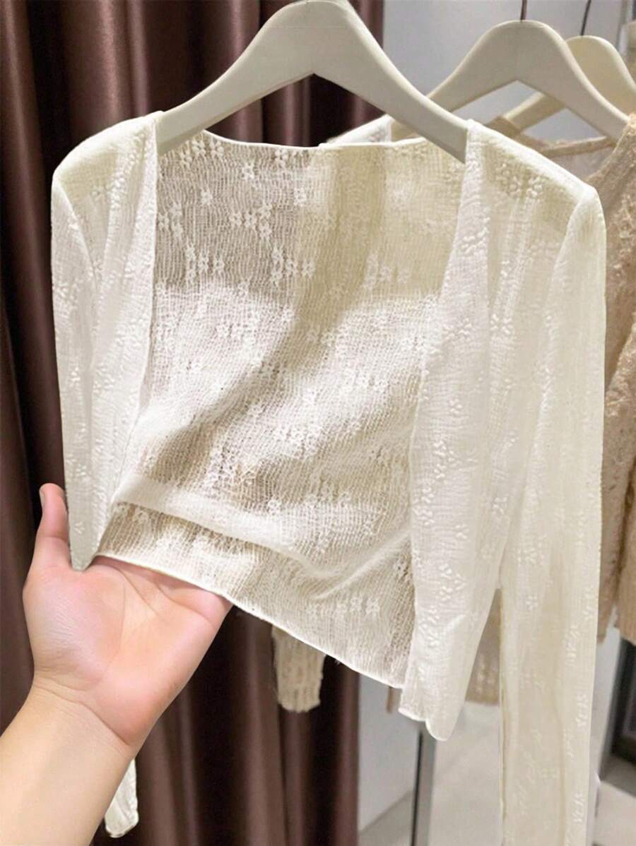 INAWLY 女式常规款休闲度假长袖薄款开衫 - 杏色 - 查看 1