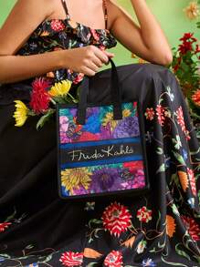 Frida Kahlo X SHEIN Bolsa térmica para el almuerzo con diseño floral de artista, mantiene la comida caliente o fría, bolsa de picnic, gran capacidad, puede contener cajas de almuerzo y bebidas, adecuada para picnics, camping, viajes, uso doméstico, adecuada para familias, niños y estudiantes, flores, artístico, elegante