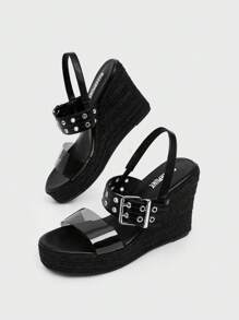 Sugerpunk Women's Platform Wedge Sandals, Round Toe, Black, Straw Woven Rope Sole, Open-Toe, Strap, Rivet Decor, Summer, Vacation Style - Black - View 6