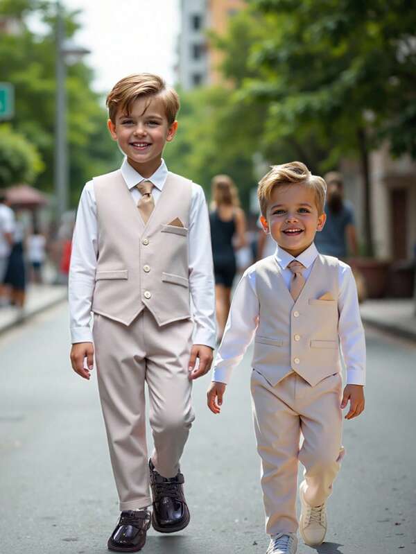 Set de 3 piezas de traje formal coreano de corte slim para niños preadolescentes para boda, fiesta. Elegante chaleco color albaricoque + pantalón recto color albaricoque + corbata desmontable