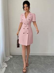Selianne Blazer Collar Laced Waistline Double-Breasted Puff Sleeve Dress - Pink - View 6