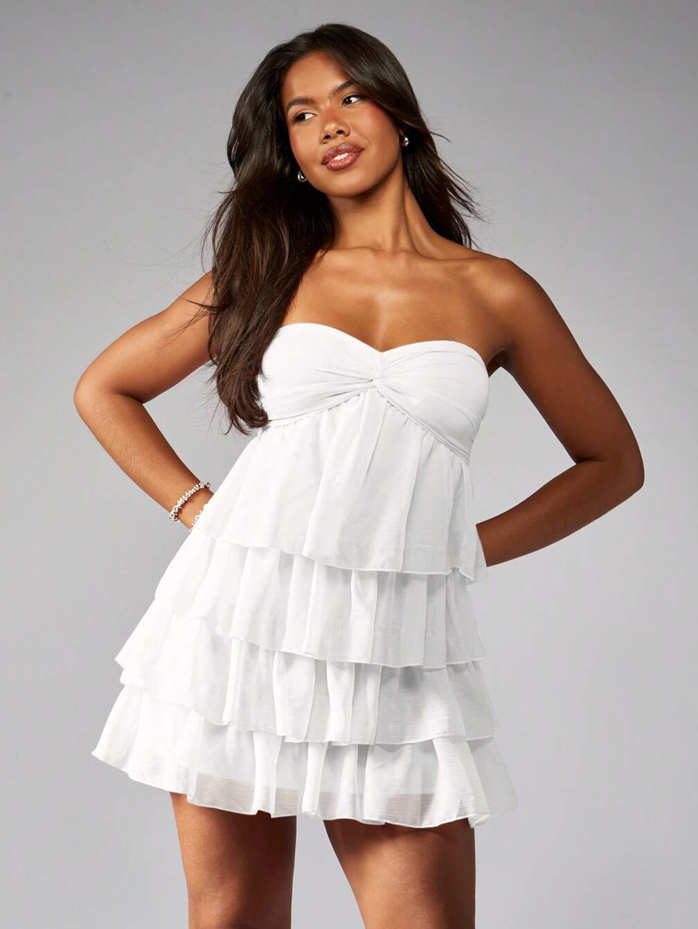 white strapless empire waist dress Pink V-Neck Empire Waist Tiered Long Prom Dress with Ruffles  Pgmdress