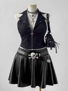 Sweetra Women's Plus Size High Waisted Pu Leather Pleated Knee-length Skirt - Black - View 1