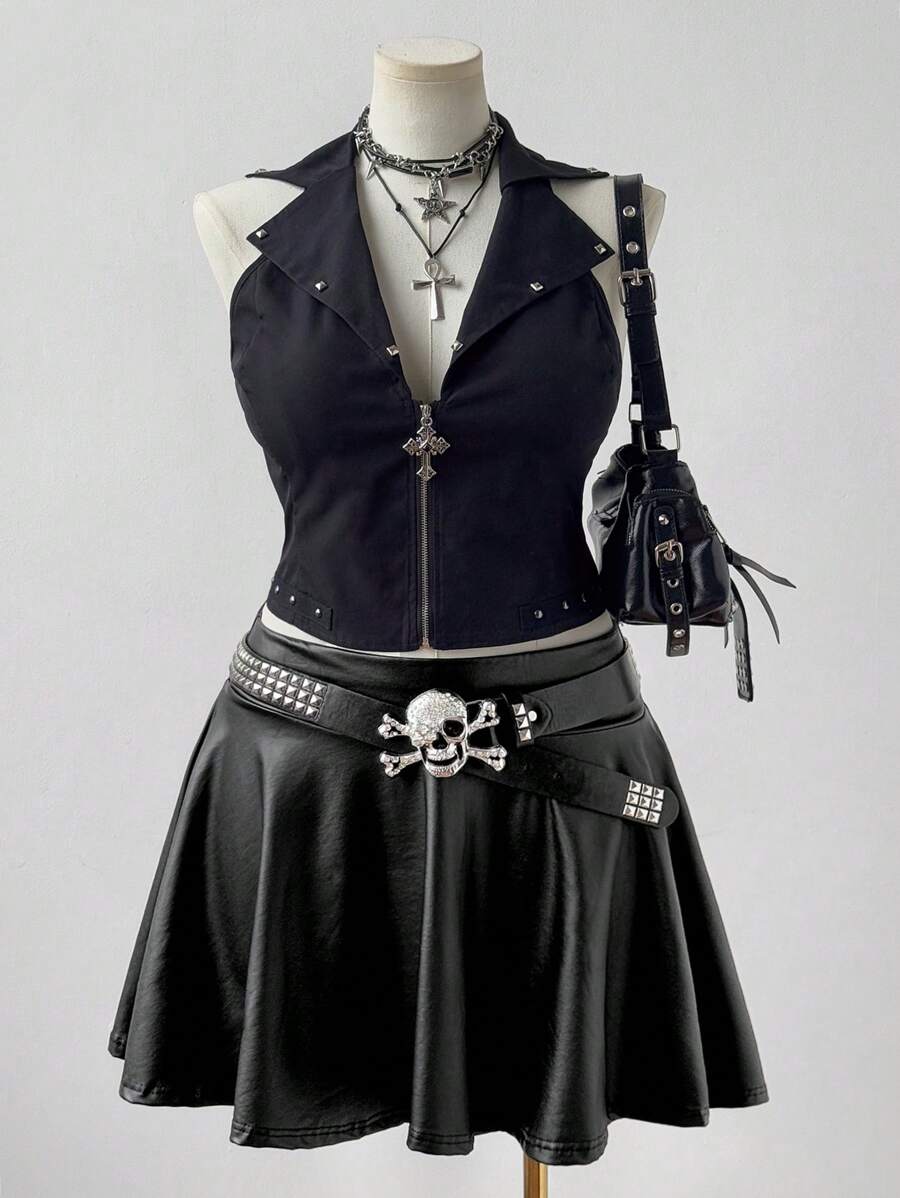 Sweetra Women's Plus Size High Waisted Pu Leather Pleated Knee-length Skirt - Black - View 1