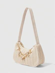 ROMWE Fairycore 1 Set Of Floral Crochet Beach Tote Bag & Accessories, Fashionable Personalized Beach Resort Style Women's Shoulder Bag (Includes 1 Bag And 1 Set Of Accessories)