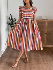 EMERY ROSE Women Summer Stripe Round Neck Cap Sleeve Casual Long Dress - Multicolor - View 6