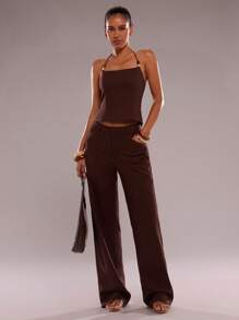 SHEIN BAE Women's Summer Sexy Coffee Brown Solid Color Backless Beaded Halter Neck Top, Vacation Outfits Woman, Casual Top, Business Casual Woman, Going Out - Brown - View 5