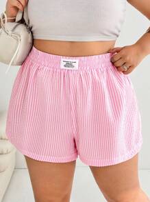 SHEIN EZwear 夏季大码女式休闲条纹抽绳短裤 - 彩色 - 查看 4