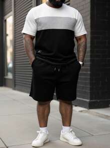 Manfinity Homme 2 sztuki/zestaw Plus Size Męski Kontrastowy Kolor Okrągły Dekolt Krótki Rękaw T-shirt I Szorty Swobodny Garnitur, Lato - Czarne i Białe - Zobacz 1