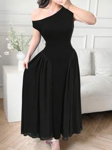Modelyn 1 pieza Vestido formal de mujer elegante de color negro sólido con cuello asimétrico