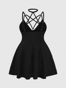 ROMWE Goth Vestido de verano mini sexy de unicolor y talla grande con estilo gótico para mujeres - Negro - Ver 3