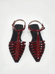 Solezae 畅销女式渔夫风格 T 型带编织尖头酒红色平底凉鞋 - 大胆、时尚且舒适