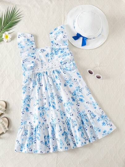 少女碎花印花荷叶边下摆中长连衣裙，带蝴蝶结帽子，适合夏季度假旅行海滩装