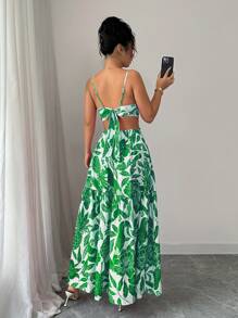 Elenzga Women's Print Waist Fitted Vacation Everyday Commute Spaghetti Strap Midi Dress - Green - View 2