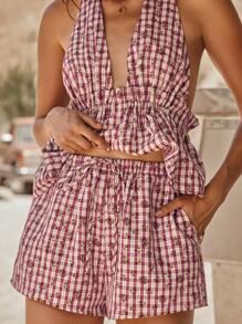 WESTFADE Pink Plaid Summer Boho Vacation Holiday Western Floral Halter Neck Ruffle Peplum Top & Drawstring Waist Shorts Women Two Pieces Matching Set Outfit - Red - View 5
