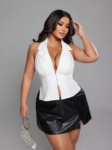 SHEIN LUNE Plus Size Women Solid Color Lapel Neck Zipper Front Waistcoat Graduation,Back To School,Teacher - White - View 5