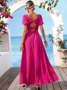 Vivid Eden Maxikleid für Damen Einfarbig, mit Webstruktur, offenem Rücken und Schleife