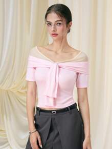 SHEIN MOD 粉色系带长袖修身 T 恤上衣 - 粉色 - 查看 5