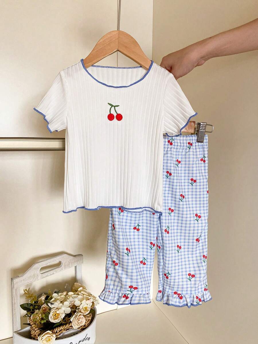 SHEIN Playful Pals 2pcs Baby/Toddler Girls Spring/Summer Cute Graphic Cherry Embroidery Short Sleeve T-Shirt And Plaid Pants Set, 0-3 Years - Blue - View 1