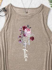 INAWLY 女式花卉和字母印花无袖圆领吊带背心，适合夏季图案 T 恤女式上衣 - 卡其色 - 查看 3