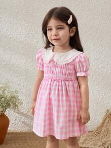 Blossori Baby Girls Countryside Style Pink Plaid Patchwork Collar Puff Sleeve Dress