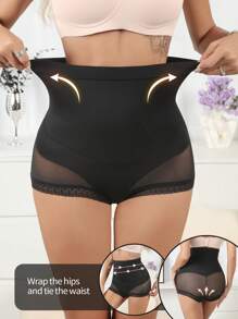 SHEIN Culotte taille haute sans couture avec inserts en tulle pour un maintien et un contrôle du ventre simples et efficaces - Noir - Voir 1