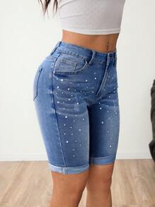 SHEIN Pantalones cortos de jean ajustados con decoración de strass, de moda para el verano - Lavado ligero - Ver 4