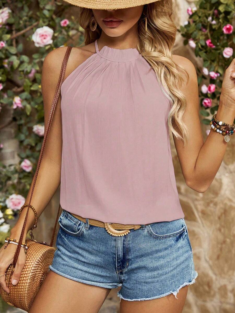 Breezaya Simple & Elegant Solid Color Pleated Sleeveless Blouse, Suitable For Summer - Pink - View 1