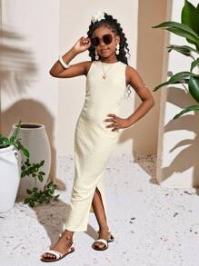 SHEIN Tween Girls' Sleeveless Midi Knit Dress, Elegant For Vacation, Commute & Street Fashion, Apricot Girls Midi Dress Girls Sleeveless Dress Girls Casual Dress Kids Midi Dress - Apricot - View 4