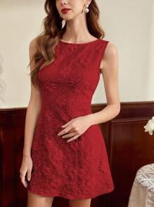 Vintamour 复古优雅度假连衣裙，提花修身迷你无袖连衣裙，绿色 - 酒紅色 - 查看 6