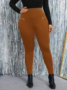 SHEIN Clasi Leggings elásticos de unicolor con cremallera decorativa talla grande para mujer