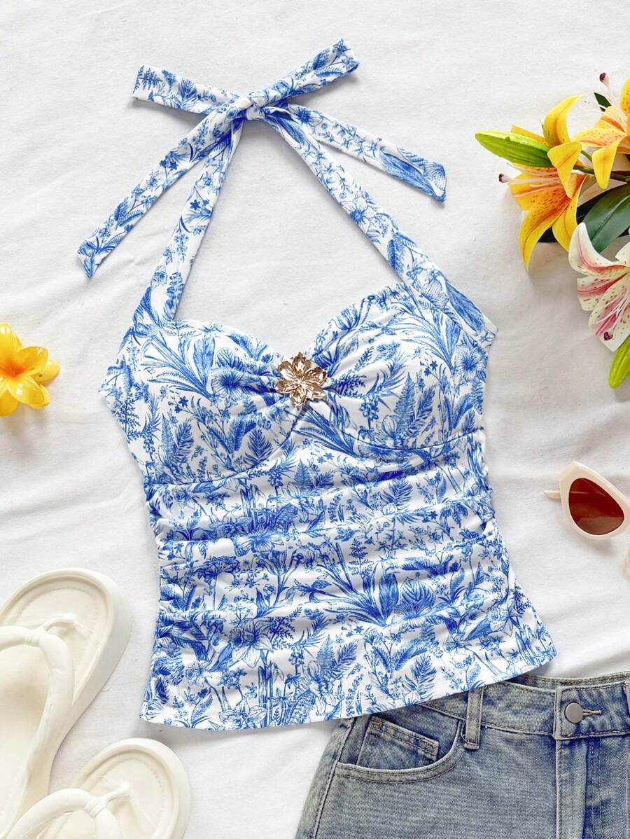 Soleia 泳池派对岛屿度假夏季，图案 T 恤女式狂欢外出上衣抹胸夏季上衣女士简约露背背心，适合夏季